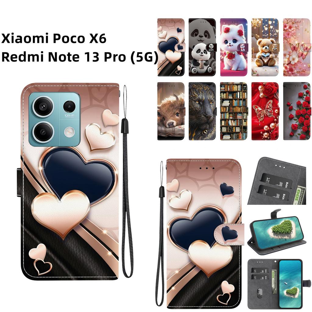 Чехол-книжка из искусственной кожи ручной работы для Xiaomi Poco X6 / Redmi Note 13 Pro (5G) Противоскользящий ударопрочный чехол с ремешком на запястье и дизайнами в виде сердец/роз и кошек