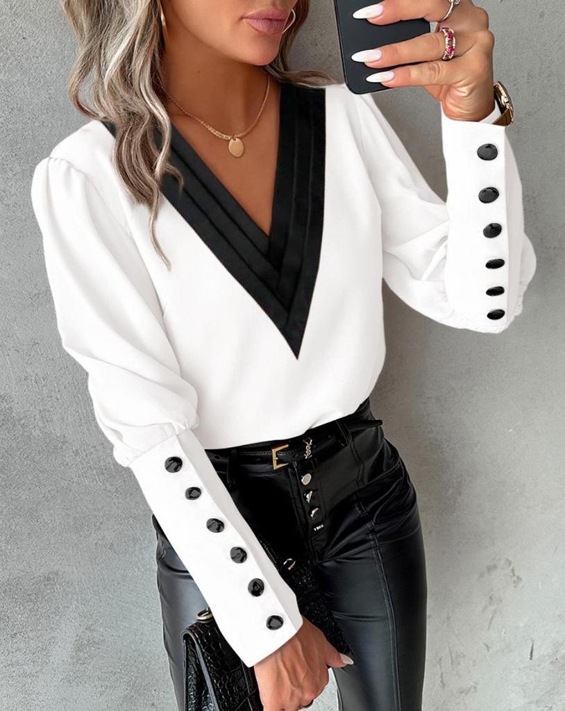 2026 Autumn Fashion V-Neck Solid Color Long Sleeve Button-Up Women's Shirt
