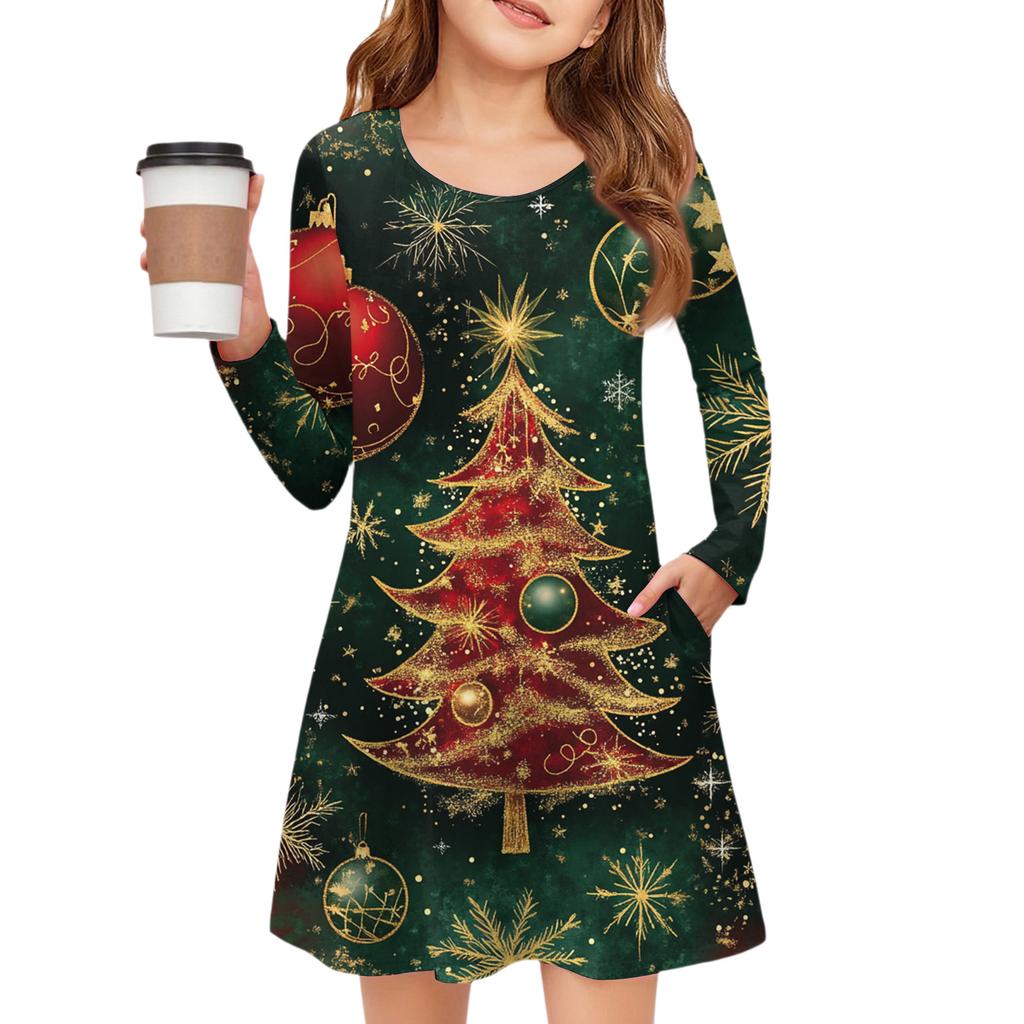 Christmas Day Girls' Long Sleeve Dress - Color Pocket Dress