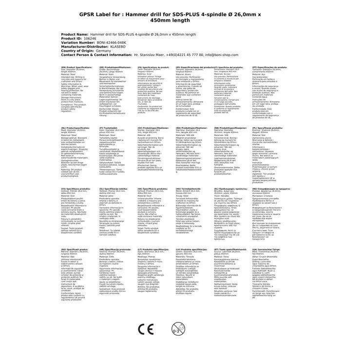 Foret à percussion pour SDS-PLUS 4 tranchants Ø 26,0mm x 450mm longueur