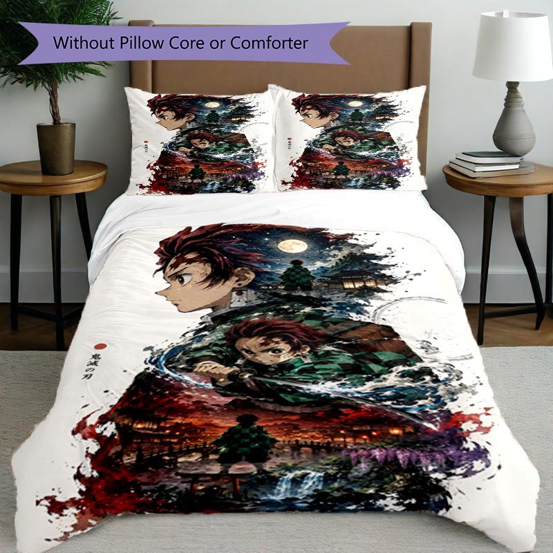 3pcs Duvet Cover Set (1*Duvet Cover + 2*Pillowcase, Without Core), Demon Slayer Print Bedding Set, Bedroom Decor, All‑Season, Birthday Gift
