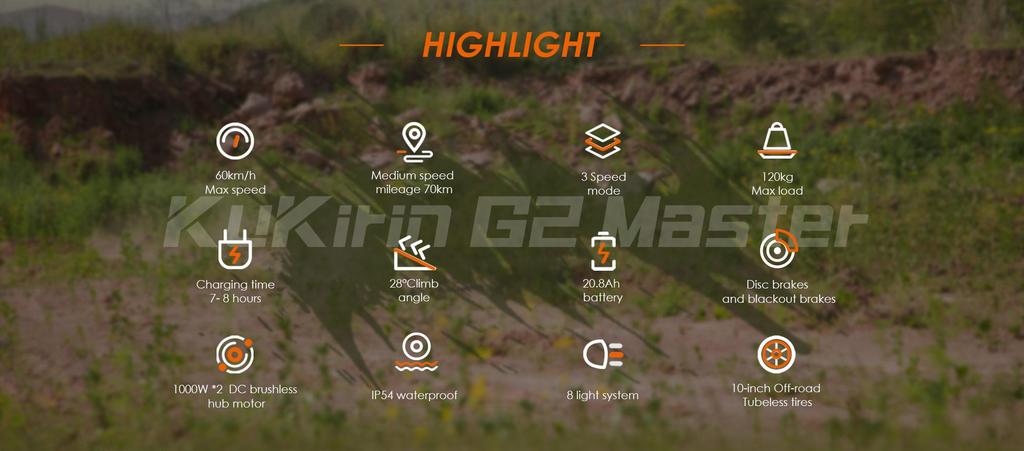 KuKirin Электросамокат G2 Master Запас хода 70 км и Максимальная скорость 60 км/ч, 10'' Внедорожные шины, 2000 Вт Двойной двигатель Полностью алюминиевый корпус Складной самокат(НЕТ ЭБЭ)