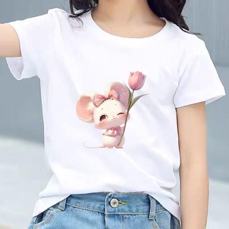 Kids Cotton T Shirt Charming Mouse With Pink Tulip Flower Print Crew Neck Short Sleeve Tee Casual Boys Girls Summer Tops