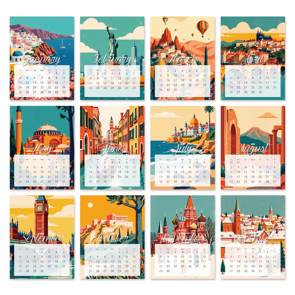 1 шт. 2026 Мультяшный Календарь Настенный с Достопримечательностями - Тема Пейзажей, 12 Разных Дизайнов, Подходит в качестве Подарков на Хэллоуин, Дни рождения