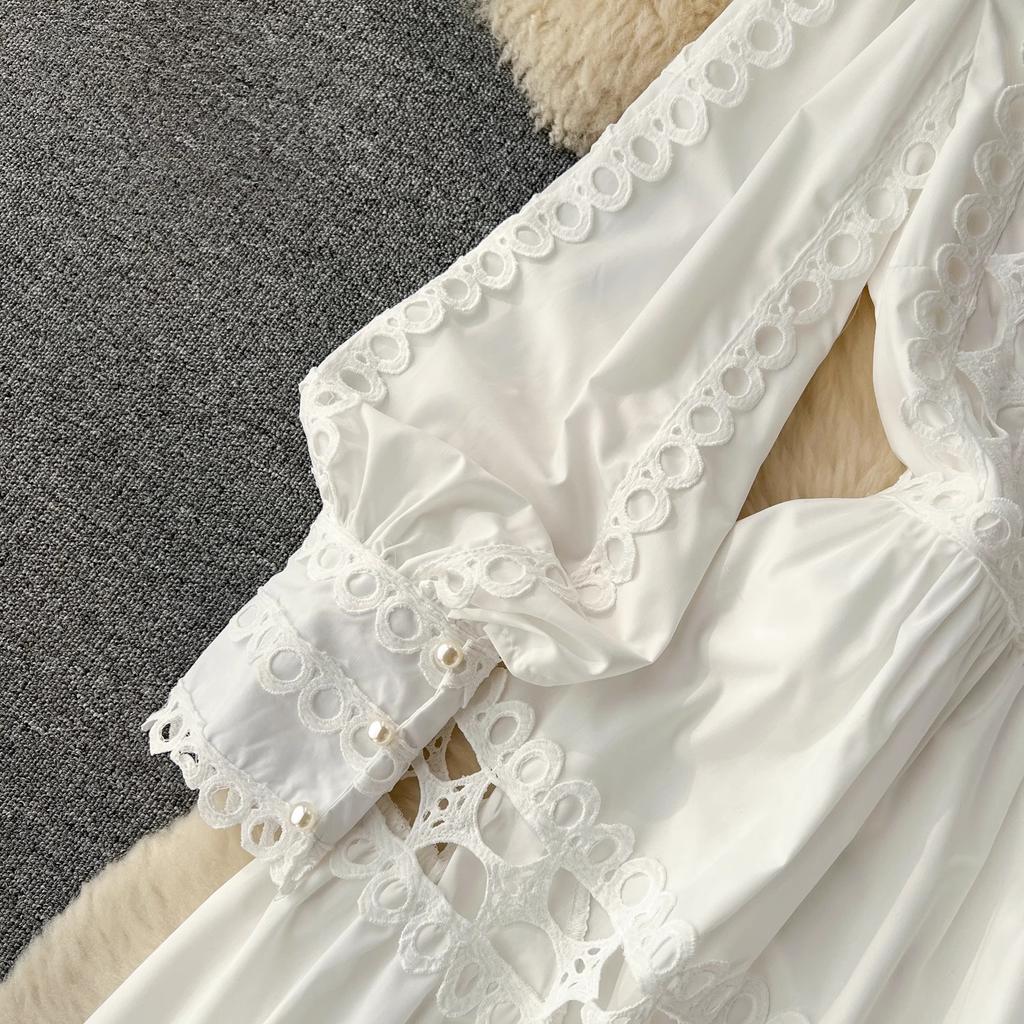 Autumn Holiday Embroidery Hollow Out Dress Women's Lantern Sleeve O Neck Lace Trims Solid Color Evening Party Midi Dresses