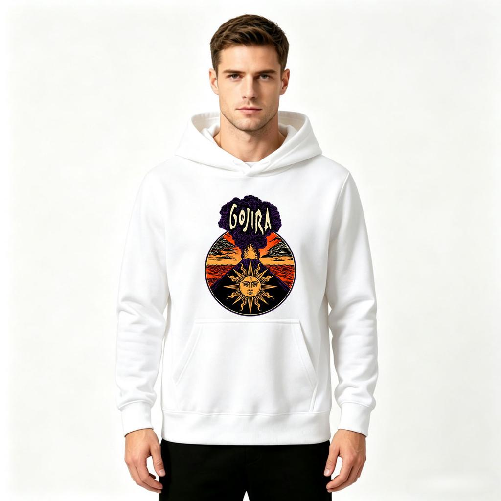 Men's Retro Volcano Sun Face Print Pullover Hoodie Casual Long Sleeve Warm Hooded Sweatshirt