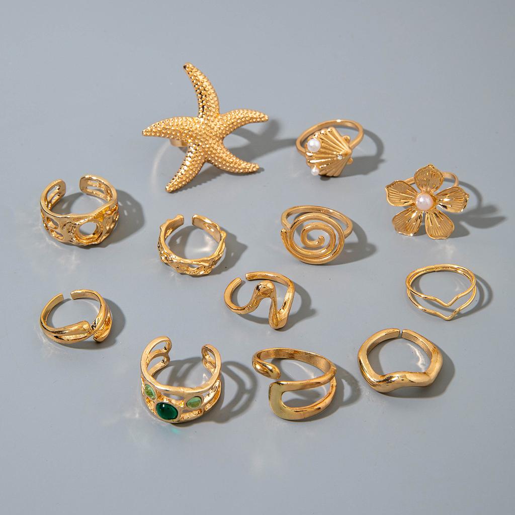 European and American Jewelry Fashion Irregular Alloy Cut-out Winding Imitation Pearl Flower Layering Ring Set for Women