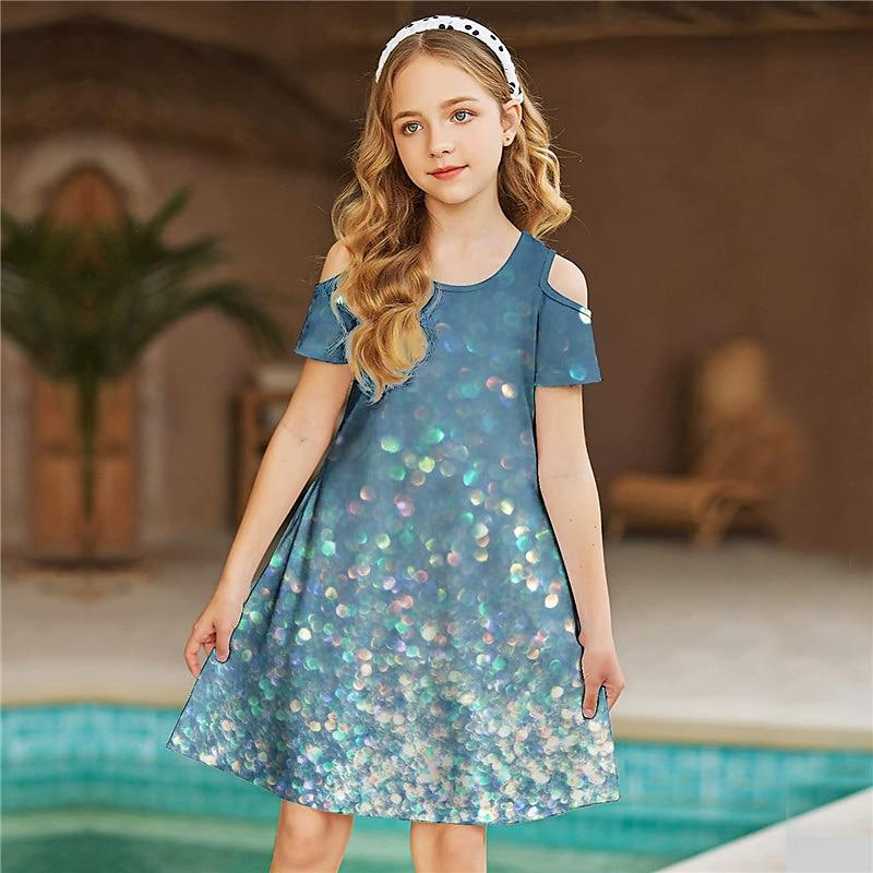 Girls Shining Star Steed Print Dresses Kids Girl Party Off Shoulder Dress Princess Dress Short Sleeved Dress Over Four Years Old