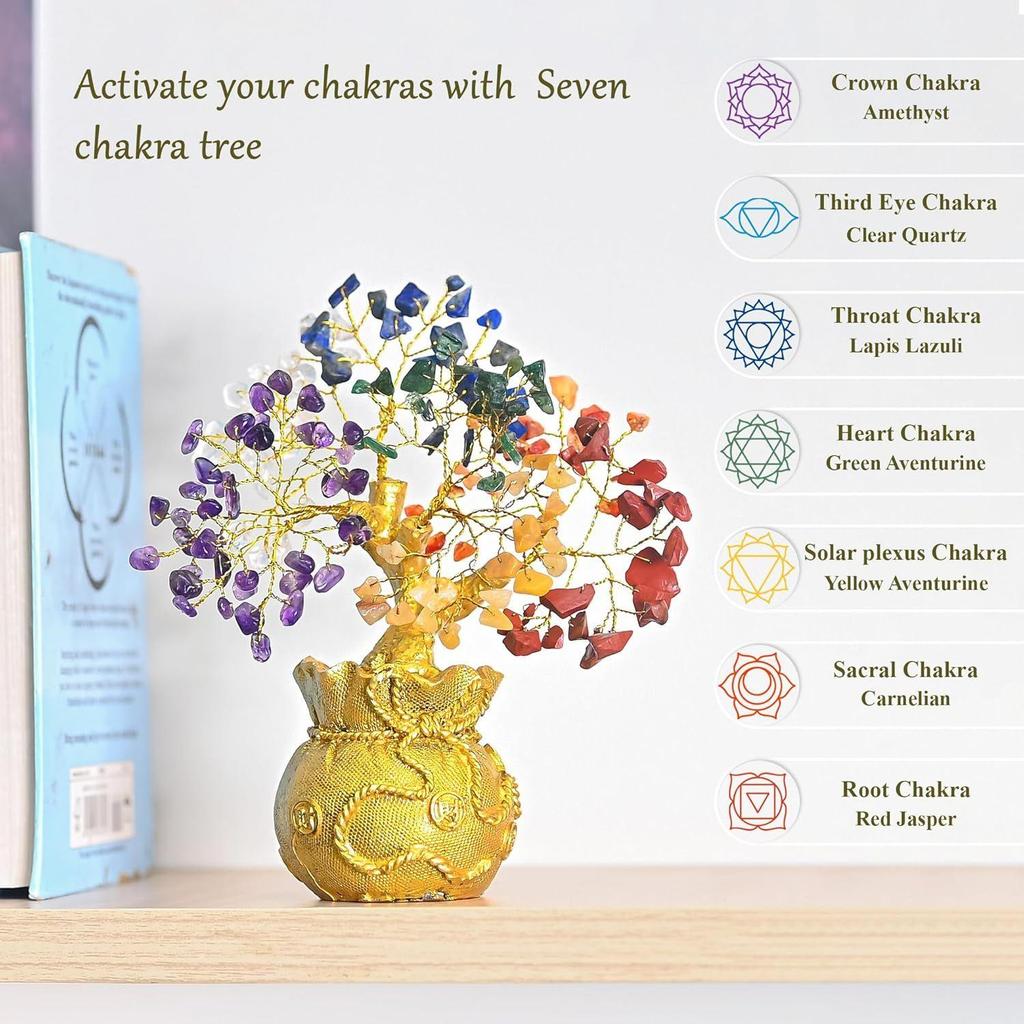 Дерево Счастливого Фэн-Шуй с 7 Чакрами и Золотой Денежный Мешочек - Целебное Дерево Бонсай из Кристаллов Драгоценных Камней для Богатства, Процветания, Положительной Энергии,