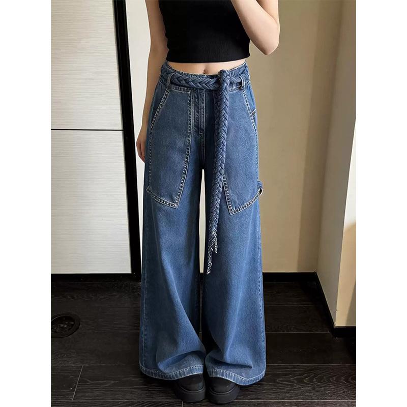 American retro high-waisted wide-leg jeans women's autumn loose and thin drape trousers design sense niche