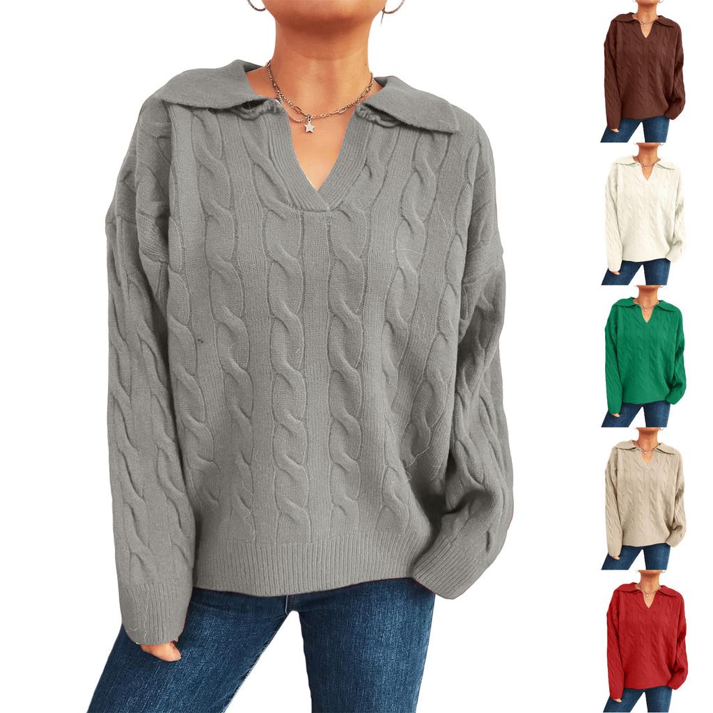 Women's Fashion Casual Loose Semi-Retro Cable Lapel Long Sleeve Knit Sweater Pullover