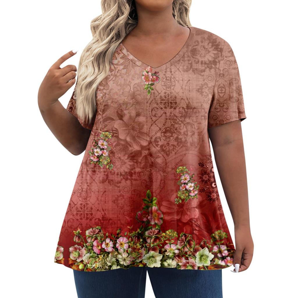 Женские топы больших размеров, шорты с рукавами, рубашки с V-образным вырезом, повседневная одежда, топы с принтом