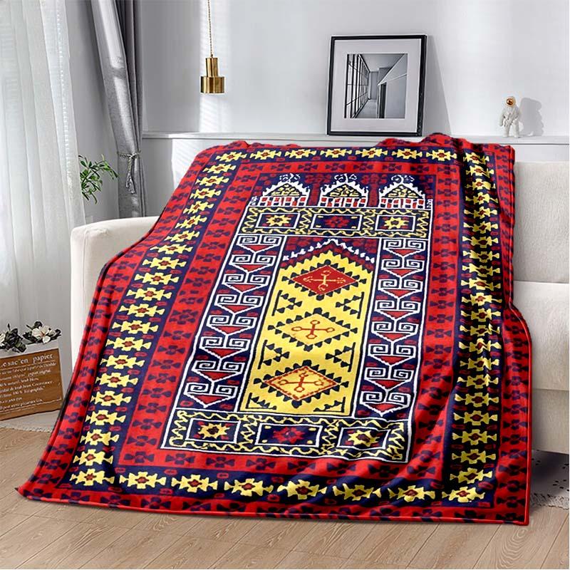 Red Yellow Vintage Tribal Kilim Geometric Carpet Pattern Soft Flannel Throw Blanket Ethnic Oriental Religious Sofa Bed Decor Cover