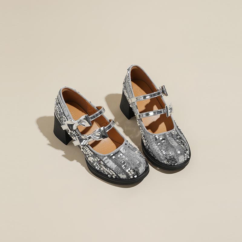 High-heeled Mary Jane women's shoes 2025 spring and autumn new round head thick heel butterfly sequins light mouth word with black single shoes