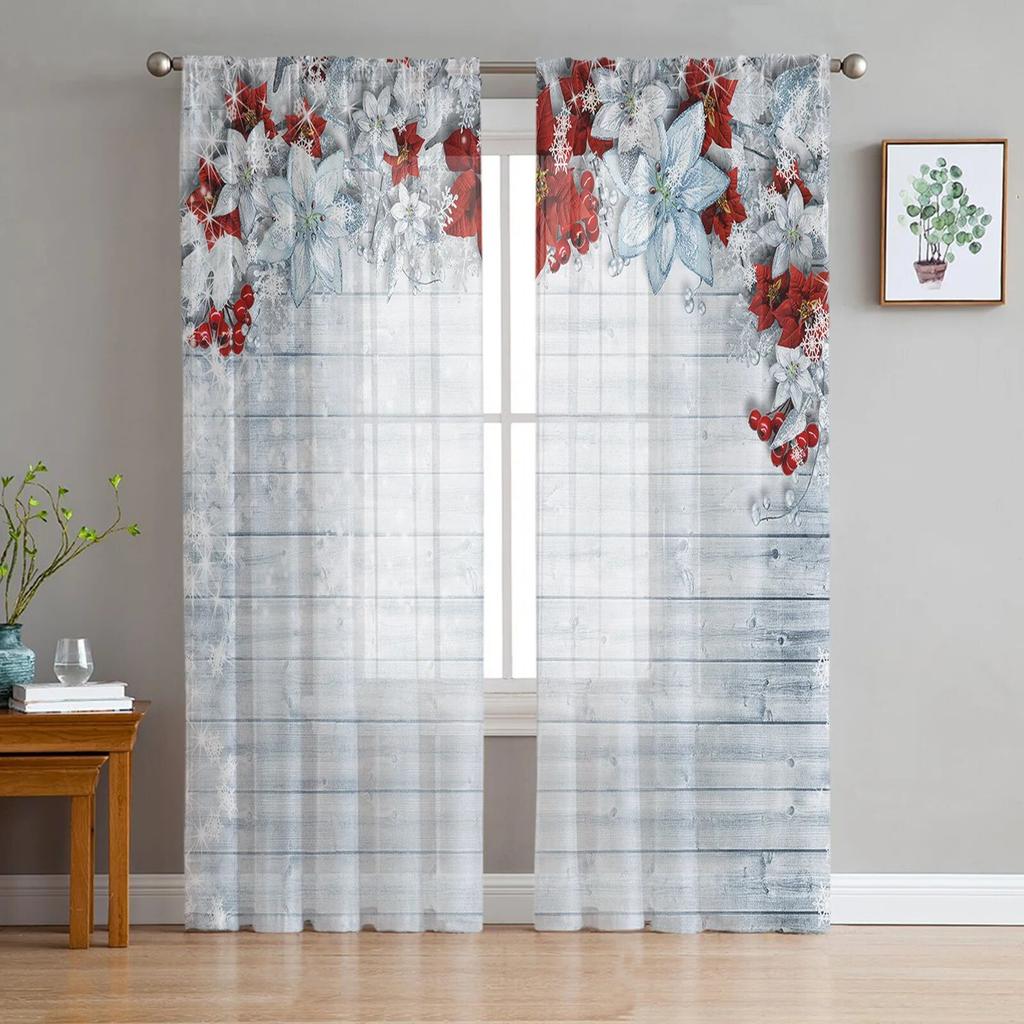 Рождественские сосновые иголки, снежинки, деревянная тюль-занавеска для гостиной, спальни, Рождественский декор, оконная вуаль, тюлевая занавеска