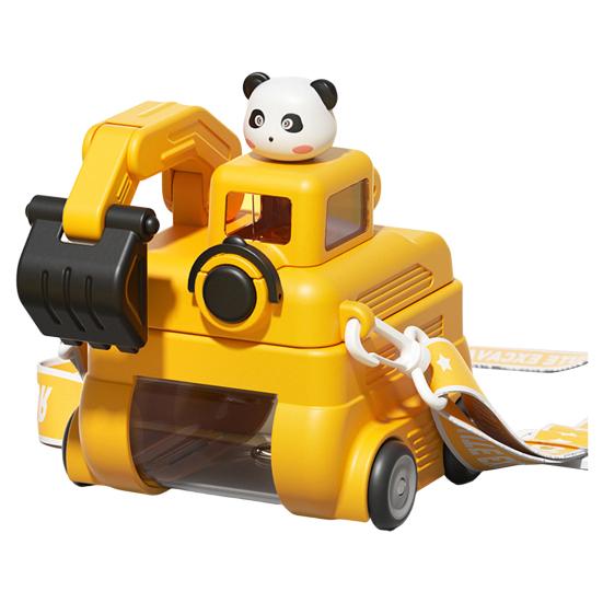 Excavator Water Bottle for Kids 500ml Leak-Proof Cartoon Cup with Wheels Adjustable