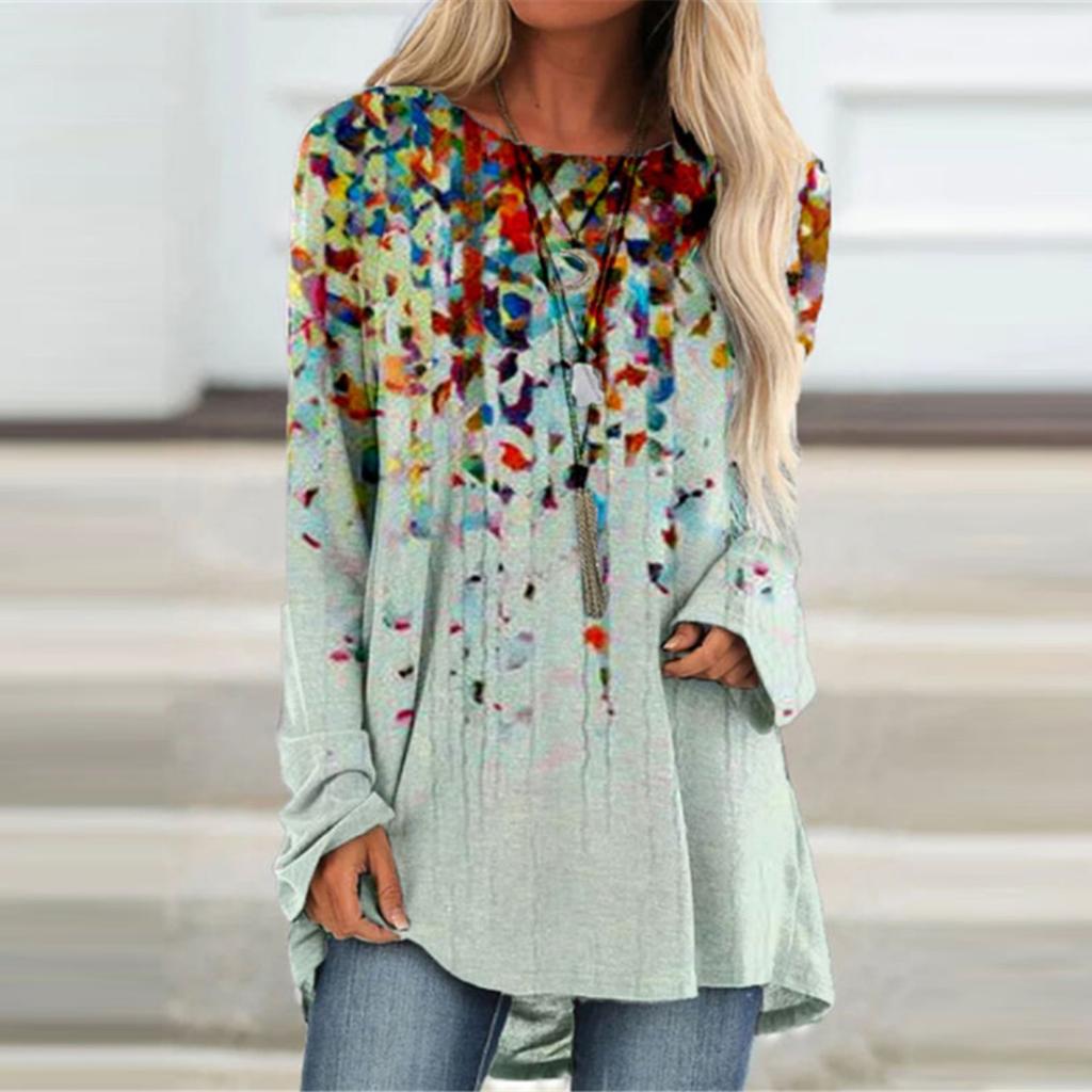 Women's Casual Fashion Creative Print Loose Round Neck Long Sleeve Tops