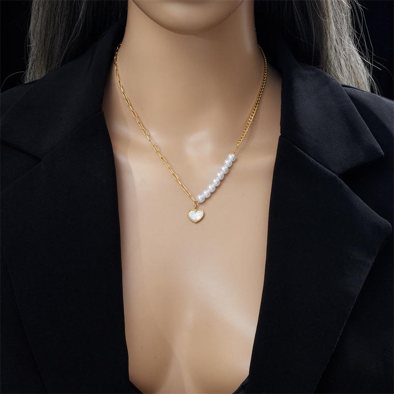 Gold Plated Stainless Steel Pearl and Heart Pendant Necklace for Women