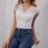 Women's Scalloped V-neck Front Button Lace Splicing Slim Thin Short-sleeved T-shirt