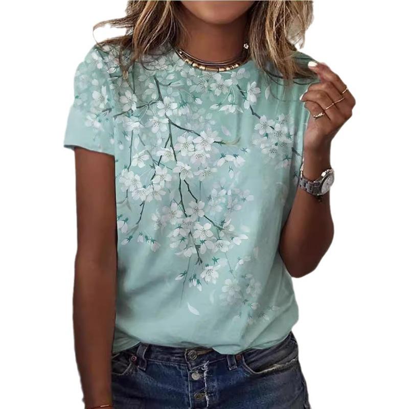 Casual Floral 3D Printed Short Sleeved Round Neck T-shirt