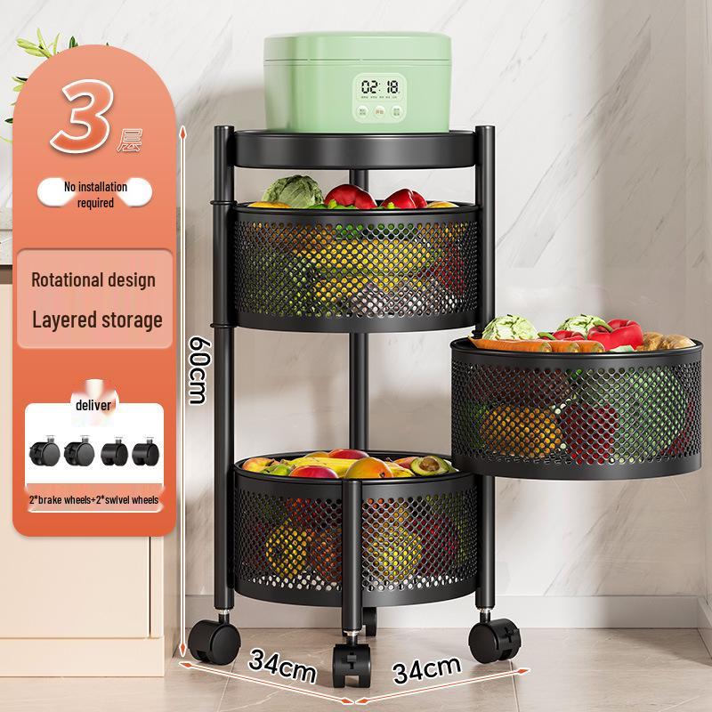 Вращающаяся многофункциональная кухонная тележка на колесах - Напольная многоярусная стойка для хранения закусок, фруктов и овощей