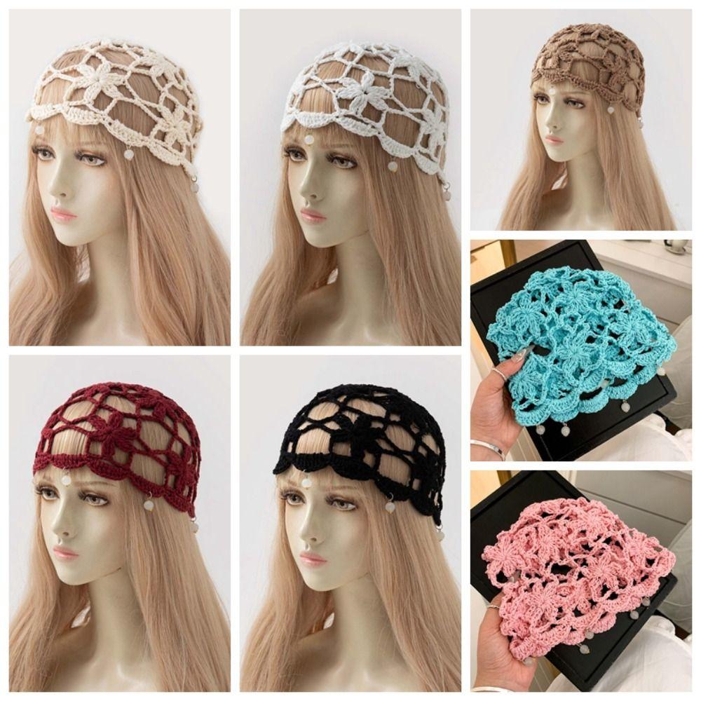 Handmade Crochet Flower Knitted Hat Bohemian Style Woven Cap Cute Hollowed Out Beanie Cap Women