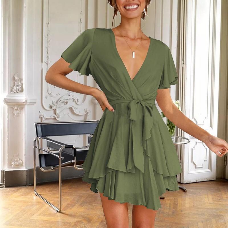 Летнее женское платье, однотонная юбка нерегулярной формы, темпераментное элегантное платье с v-образным вырезом и короткими рукавами