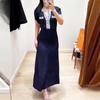 Women's Elegant Summer Denim Patchwork Long Dress, Button-Down, Round Neck, Knitted Robe