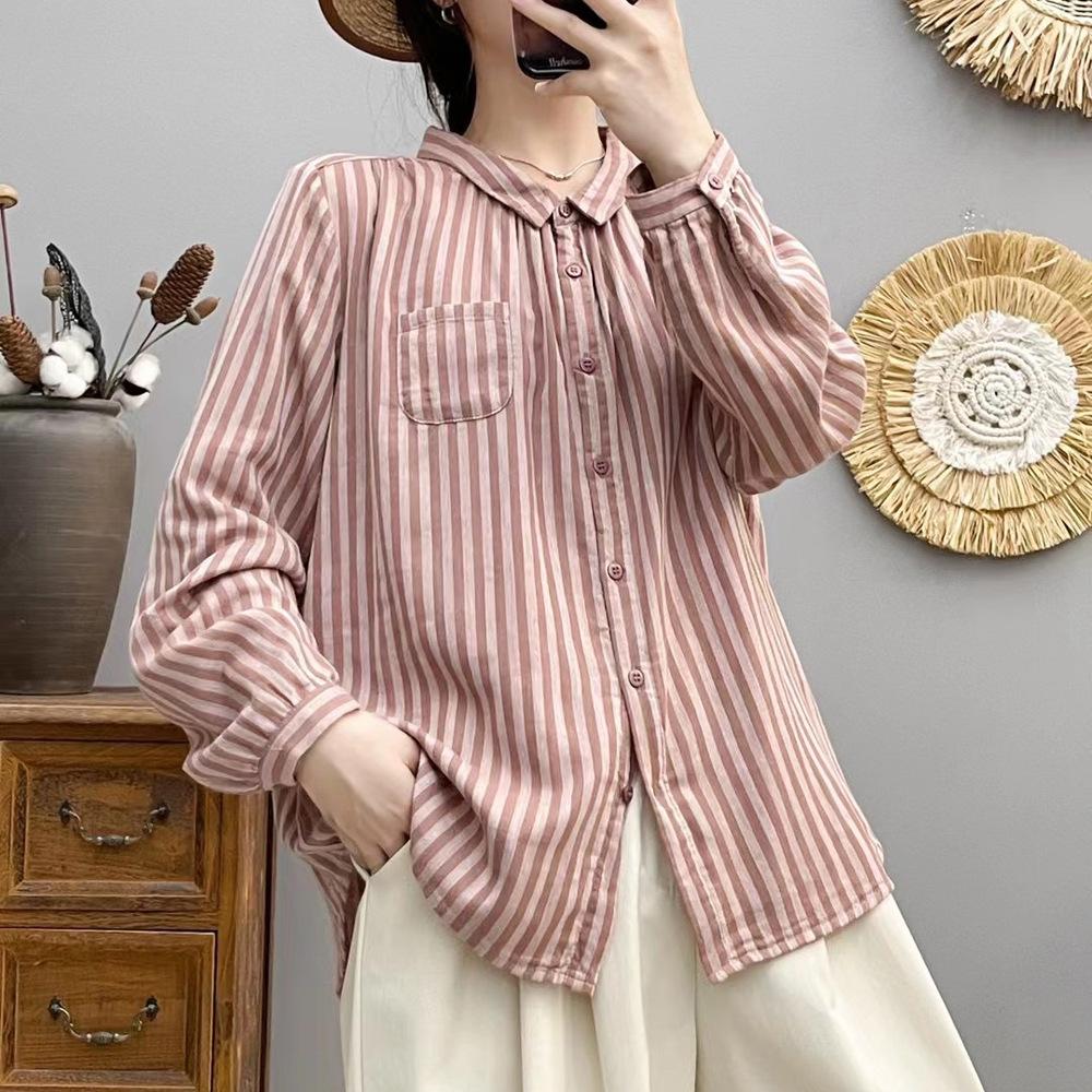 Двухслойная хлопковая пряжа с вертикальными полосками, рубашка с длинным рукавом для женщин, весенне-осенний наряд, новая художественная повседневная универсальная блузка с лацканами