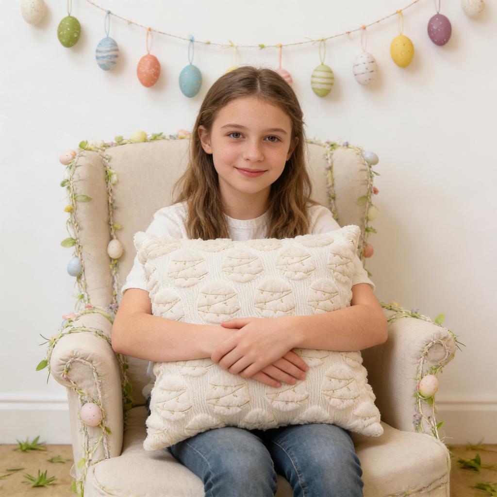 Embroidery PillowcaseEmbroidered Eggs Pom-pom Lace for Sofa Throw Pillow Cover Cushion Cover Home Decor No Insert