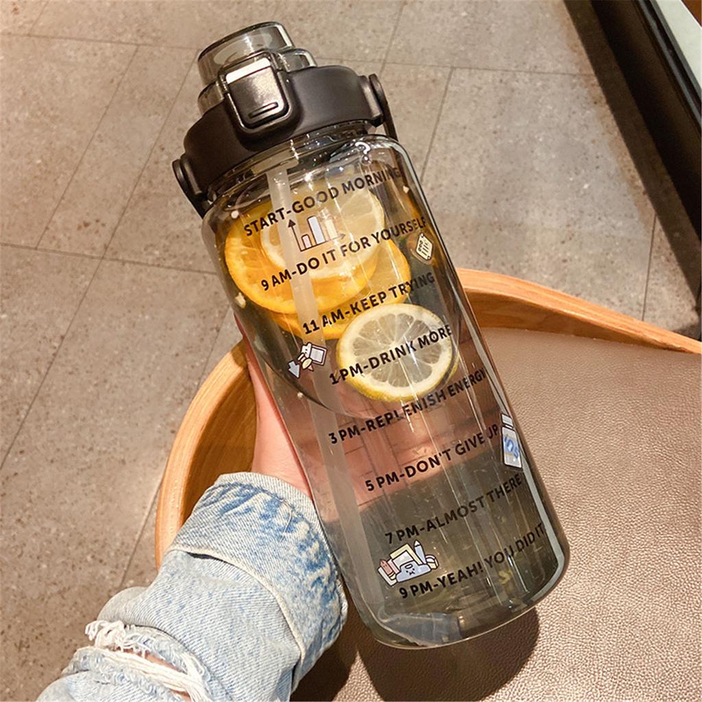 2L Sports Straw Water Bottle With Stickers Portable Large Capacity Fitness Bike Cup Summer Ice Cold Water Jug With Time Marker