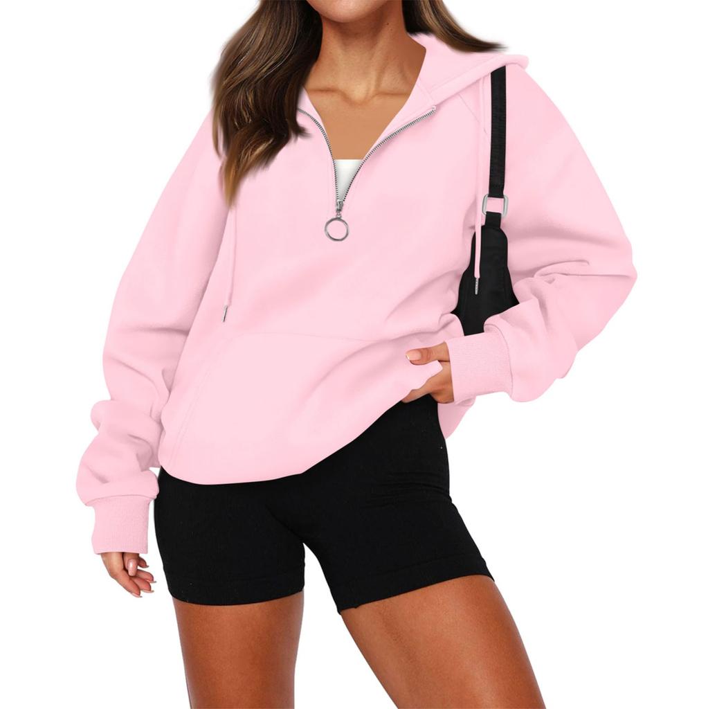 Women's Casual Fashion Long Sleeve Solid Color Zip Hooded Sweatshirt Top With Pocket
