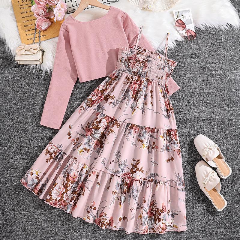 Костюм для девочек 8-12 лет Весна Осень и Зима Кардиган с длинным рукавом Куртка + Милое цветочное платье-халтер Комплект из двух предметов
