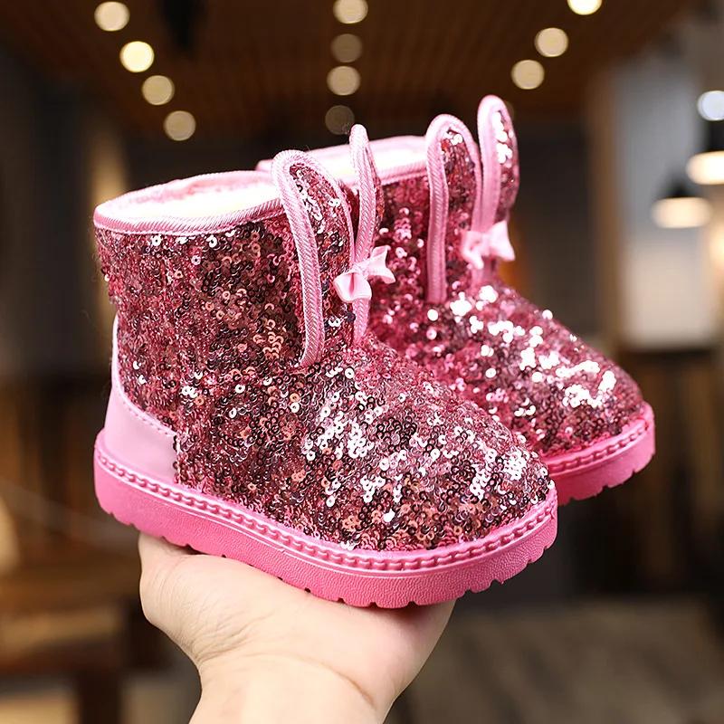 Winter Fashion Children Shoes Girls Boots with Glitter Princess Cute Rabbit Baby Toddler Snow Boots New Kids Short Boots G09041