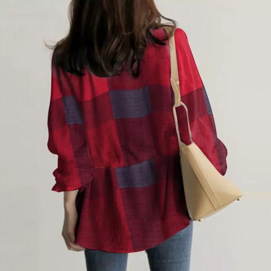 V-образный вырез с рюшами Манжеты на талии Шнуровка в клетку с принтом Повседневная блузка Простой повседневный стиль