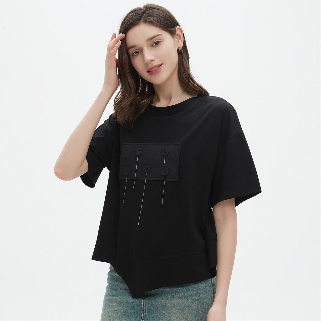 Dimanaf 2025 Summer Pocket T-shirt Women Printing Buttons Asymmetrical Short Sleeve Loose