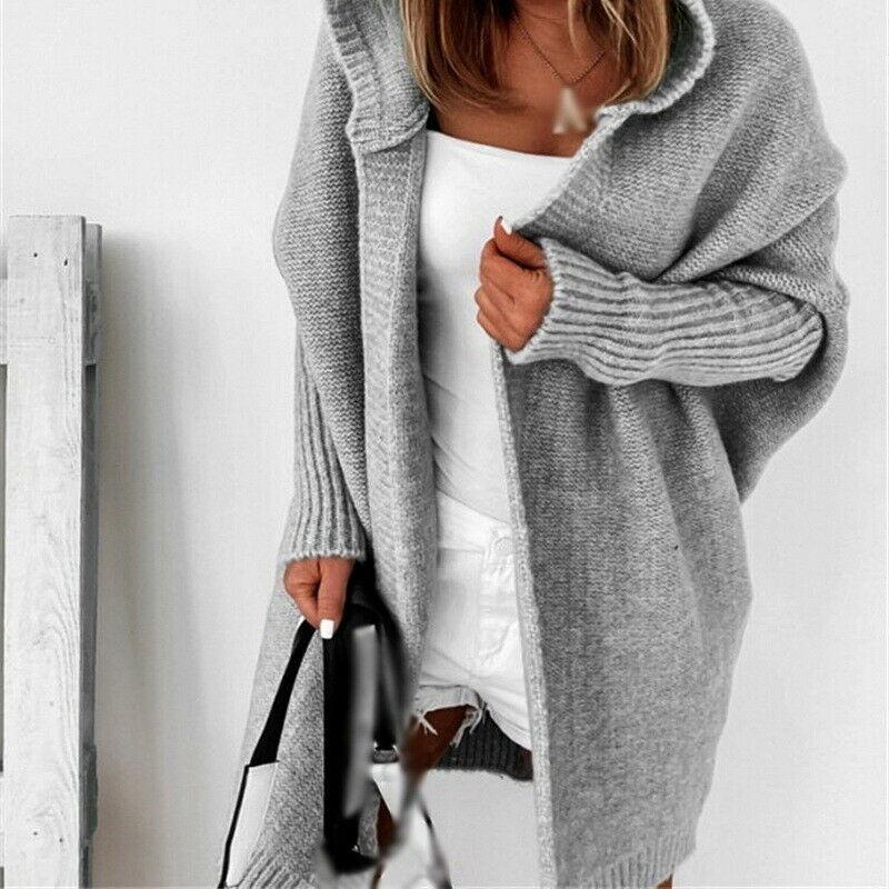 Толстый кардиган средней длины, женский свободный свитер с рукавами «летучая мышь», куртка с капюшоном