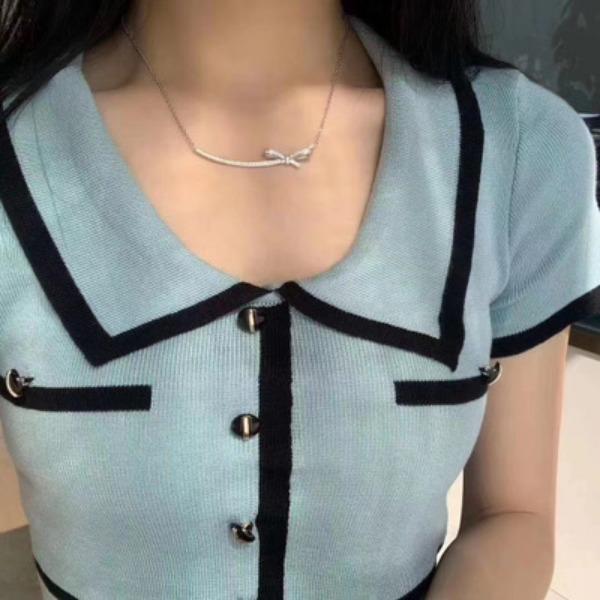 Ожерелье-бантик Xiaoxiang Smile Platinum Full Diamond Collar Chain Light Luxury Temperament Female
