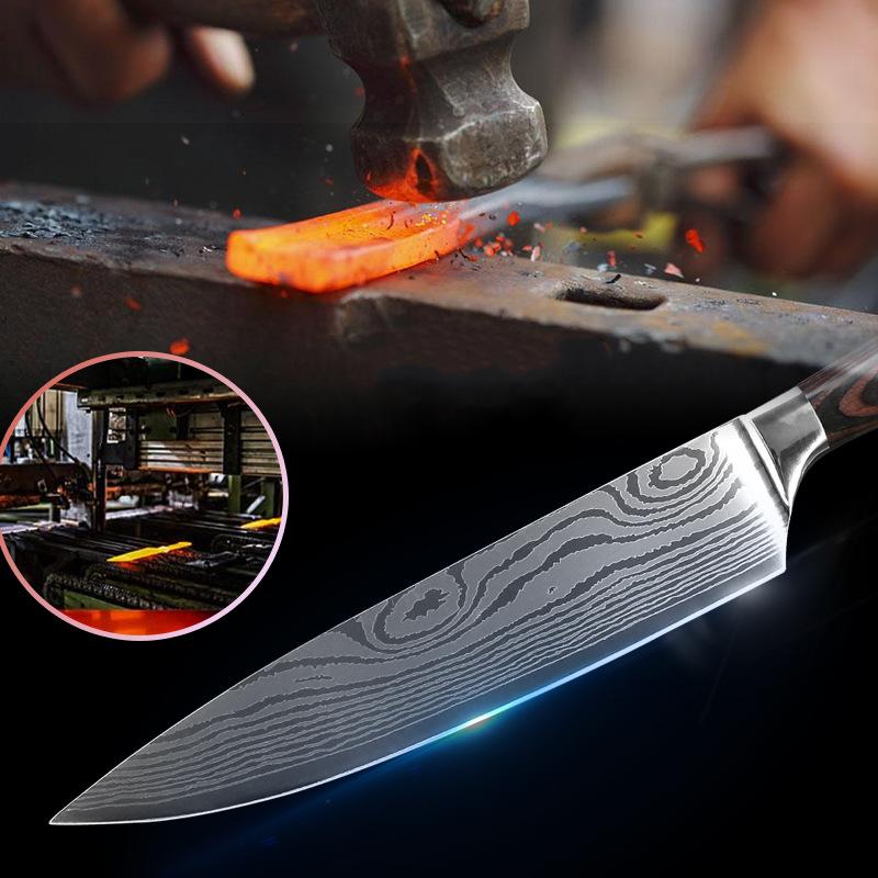 Stainless Steel Laser Grain Chef's Knife Color Wood Handle Imitation Damascus Kitchen Knife Japanese Santoku Bone Cutter Bread Fruit Knife