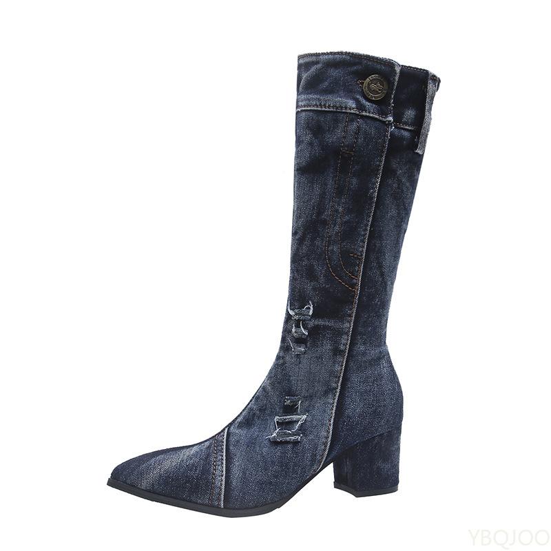 Fashion 2024 Women Chunky Denim Mid-Calf Boots Block High Heels Boots Winter Fashion Cowboy Western Boots Thick Heels Shoes
