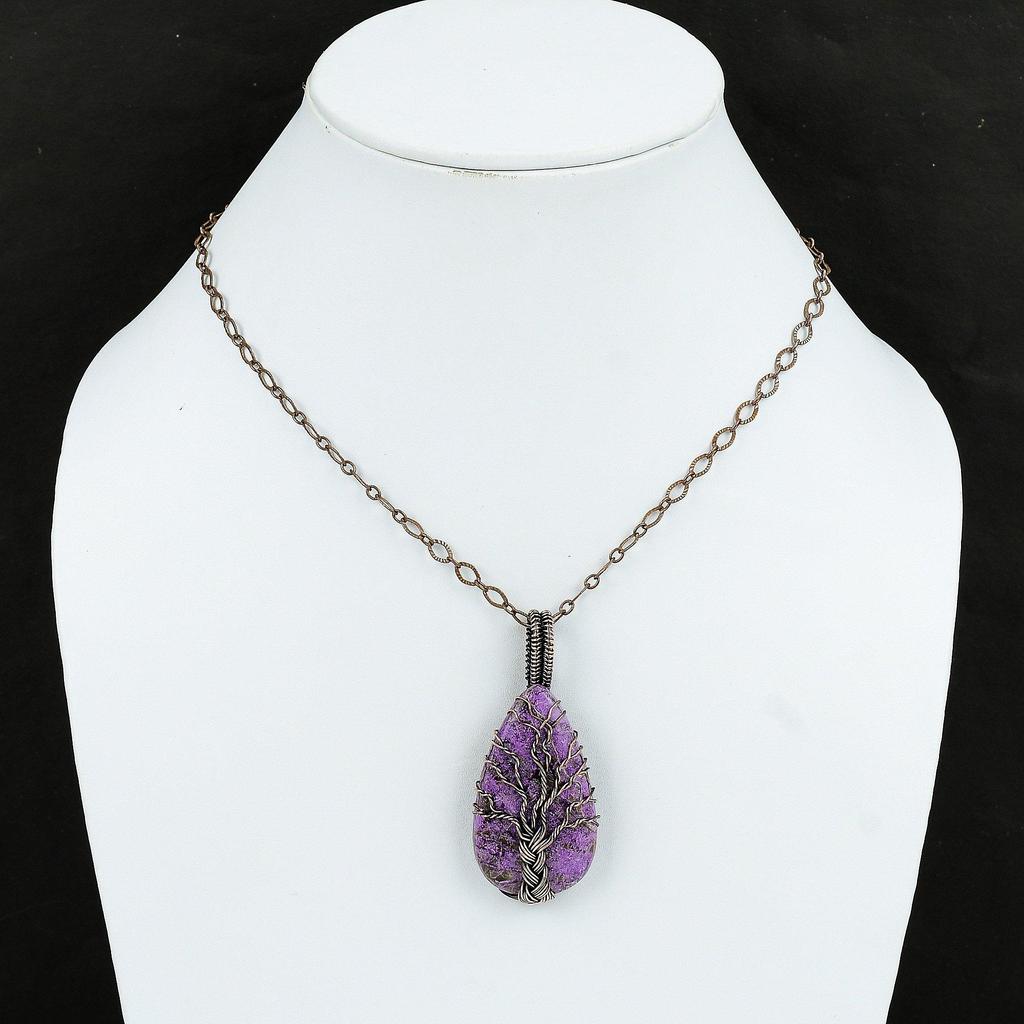 Кулон из пурпурита «Дерево жизни», подвеска из медной проволоки, подвеска ручной работы, уникальное медное ювелирное украшение, подарок для нее, ювелирные изделия из драгоценных камней «Дерево жизни»