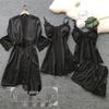 Women's Silk Five-Piece Pajama Set: Spring/Autumn Nightdress & Robe with Chest Pad