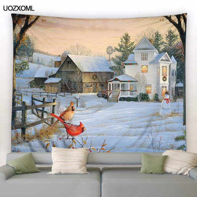 Рождественский гобелен на стене, природный белый лес, снежный настенный большой гобелен для вечеринки, гостиной, спальни, общежития, домашний декор
