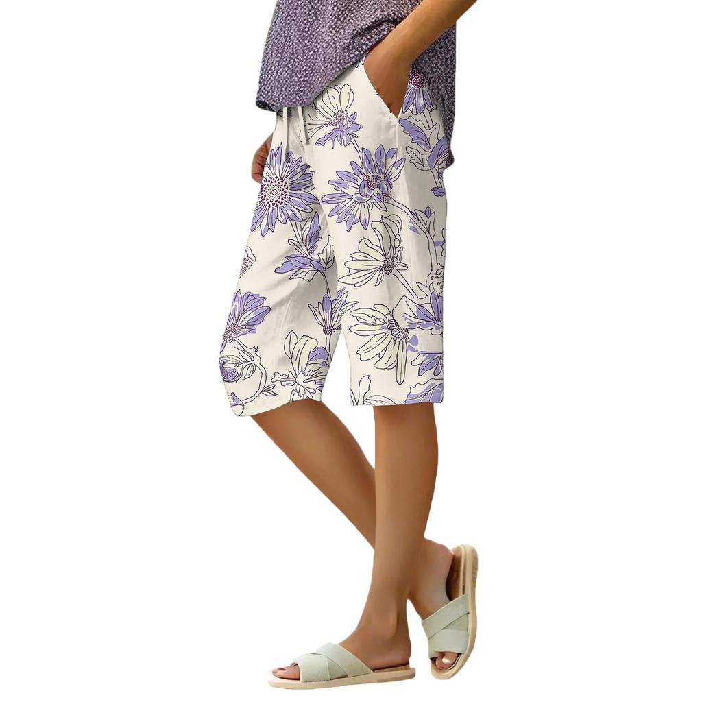 Женские летние свободные шорты из хлопка и льна с эластичным поясом и цветочным принтом