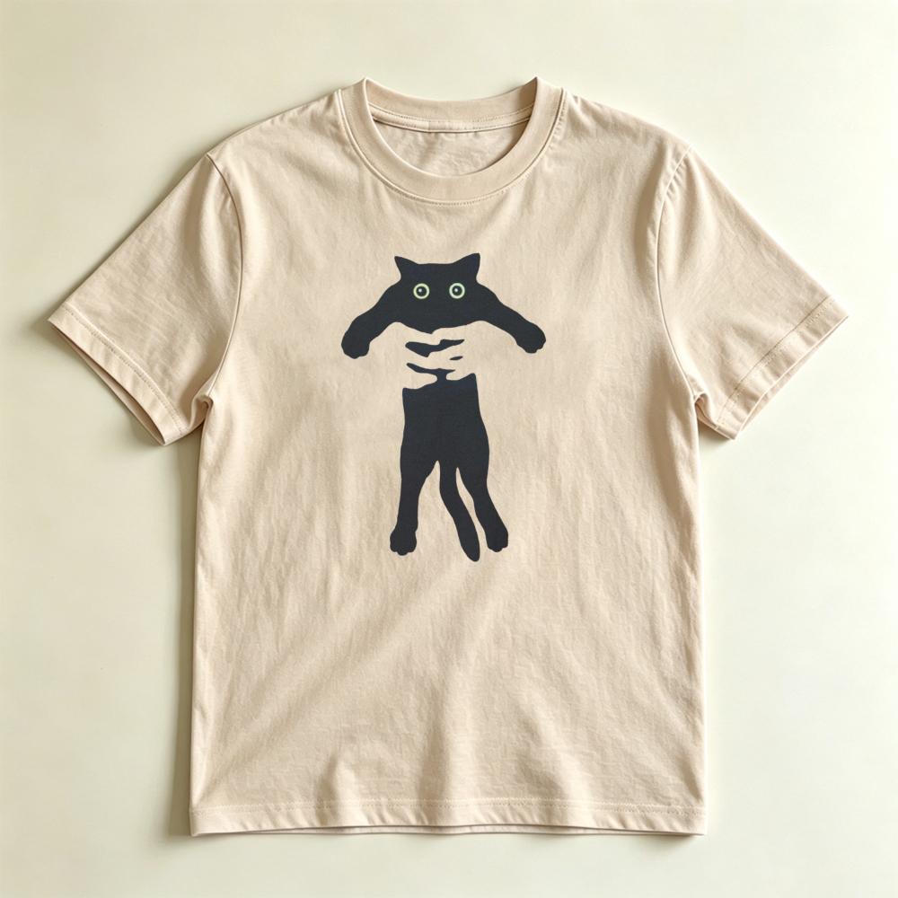 Funny Minimalist Hand Holding Black Cat Print Tshirt Unisex Cute Cartoon Animal Silhouette Casual Loose Cotton Short Sleeve Tee