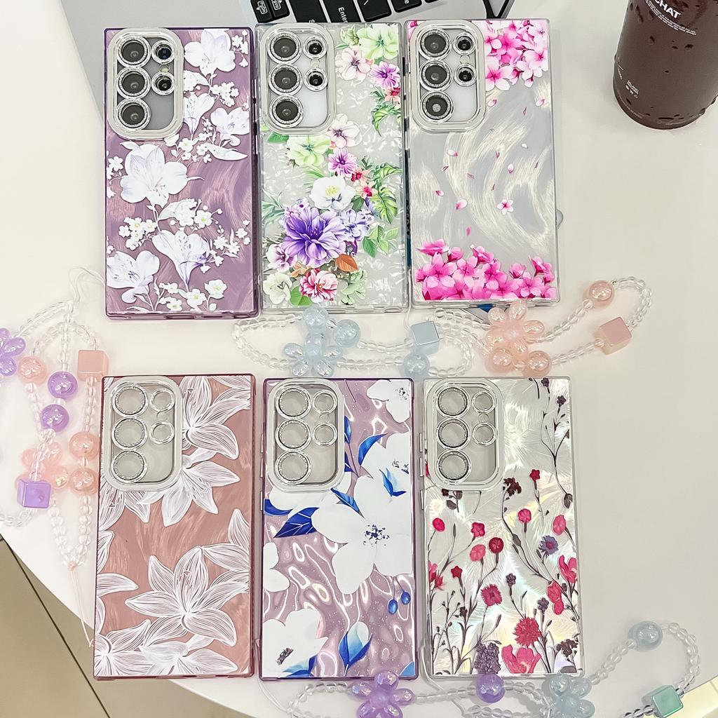 Samsung S25 Ultra Mobile Phone Case Laser Texture Flower and Grass Lens Film S24FE Bracelet A56 Electroplated Hard Shell