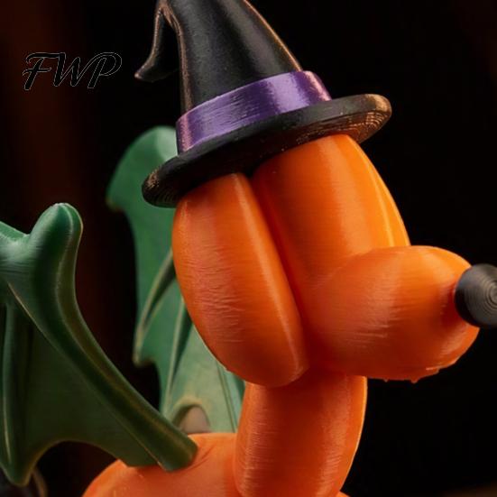 Decorative Dog Sculpture with Witch Hat Halloween Balloon Puppy Figurine, 3D Printed Cute Statue And Modern Room Decor for Office Bat Wings,