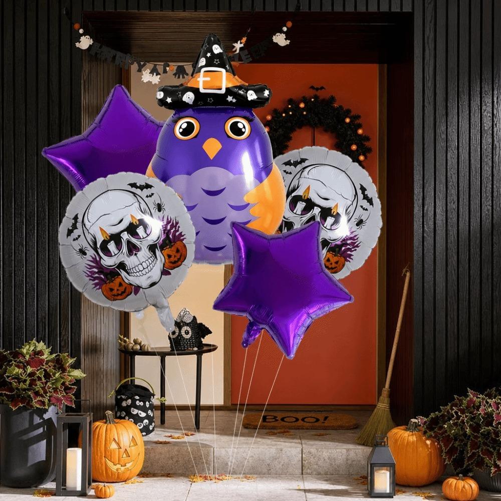 5Pcs Skull Motif Aluminum Foil Balloons Ghost Design Air Inflatable Balloons Halloween Party