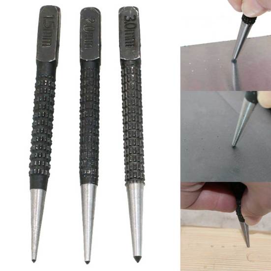 3Pcs 1.5mm/2mm/3mm Alloy Steel Center Punch Metal Wood Marking Drilling Tool