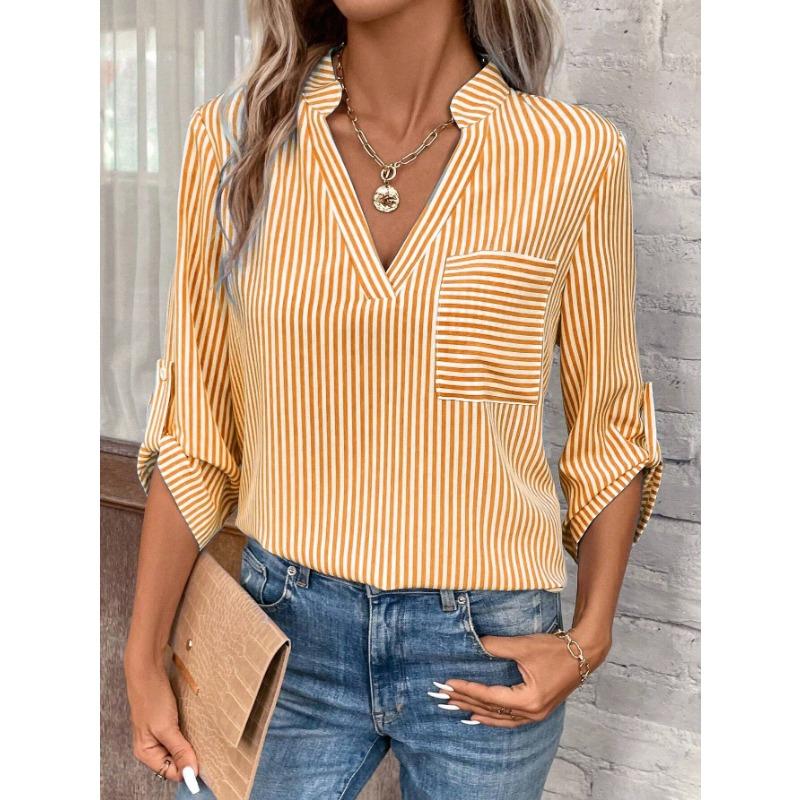 YYFS Женские модные повседневные летние весенние блузки и рубашки с v-образным вырезом и рукавами 1/2 в полоску с принтом